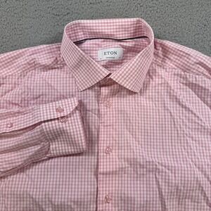 Eton Contemporary Pink Gingham Dress Shirt Mens Size 44 17.5 European Fit Cotton